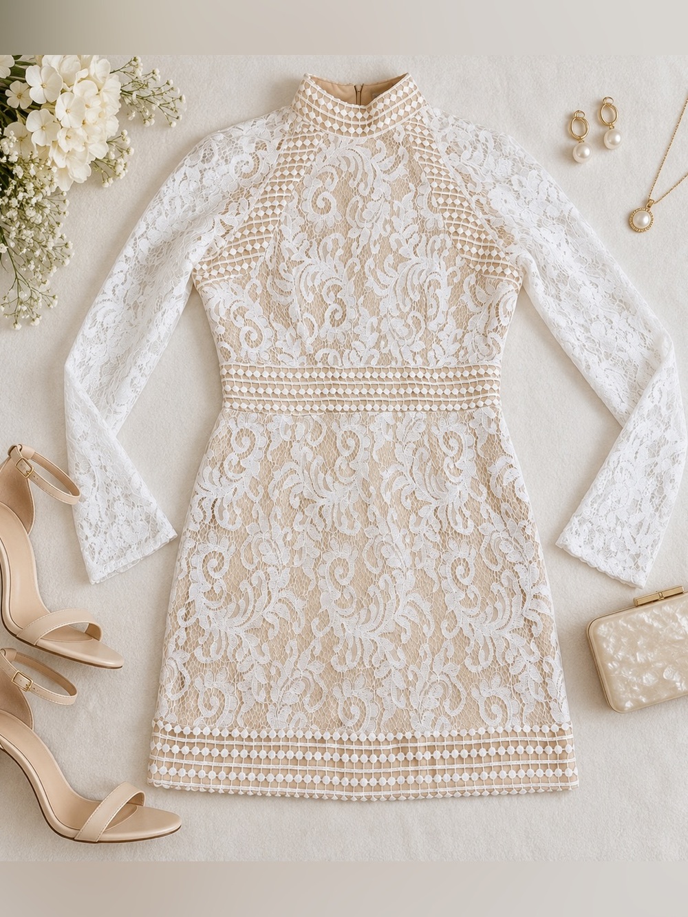 PrettyLittleThing Isabel White Lace High Neck Bodycon Dress US 6 NWT